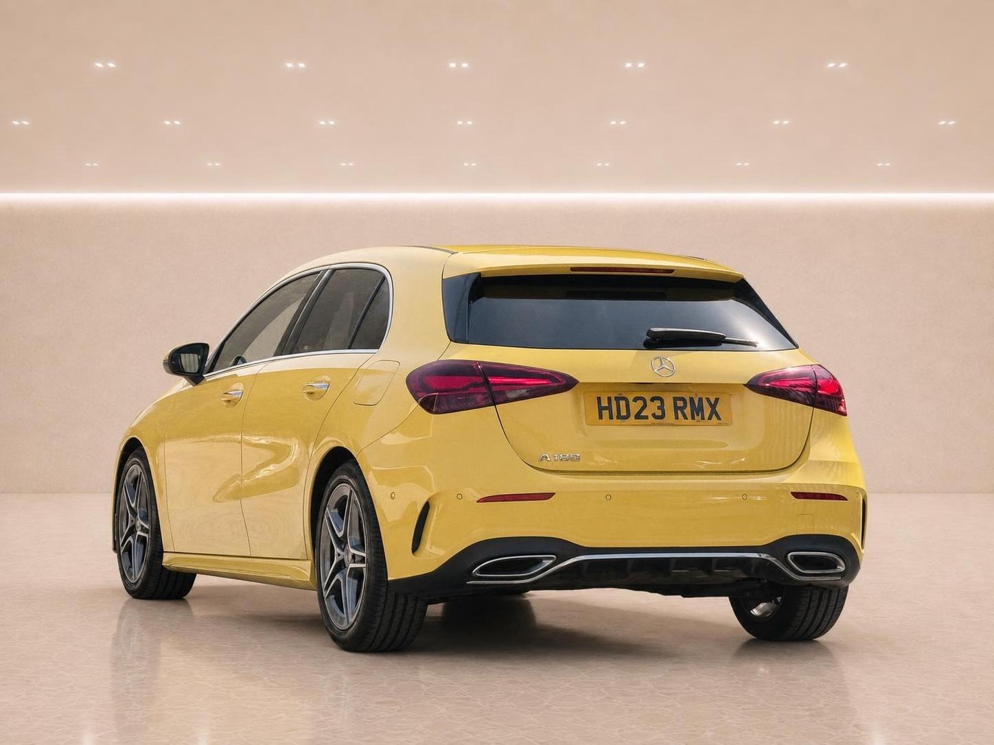 Mercedes-Benz A-Class rear view presented in its assigned premium showroom